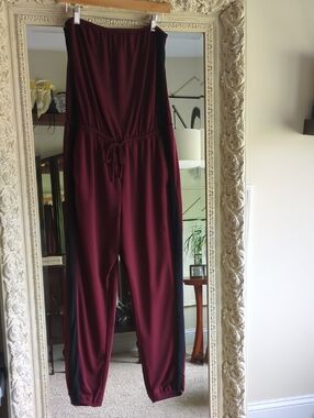 Express Strapless Jumpsuit in Burgundy with Black Side Panels